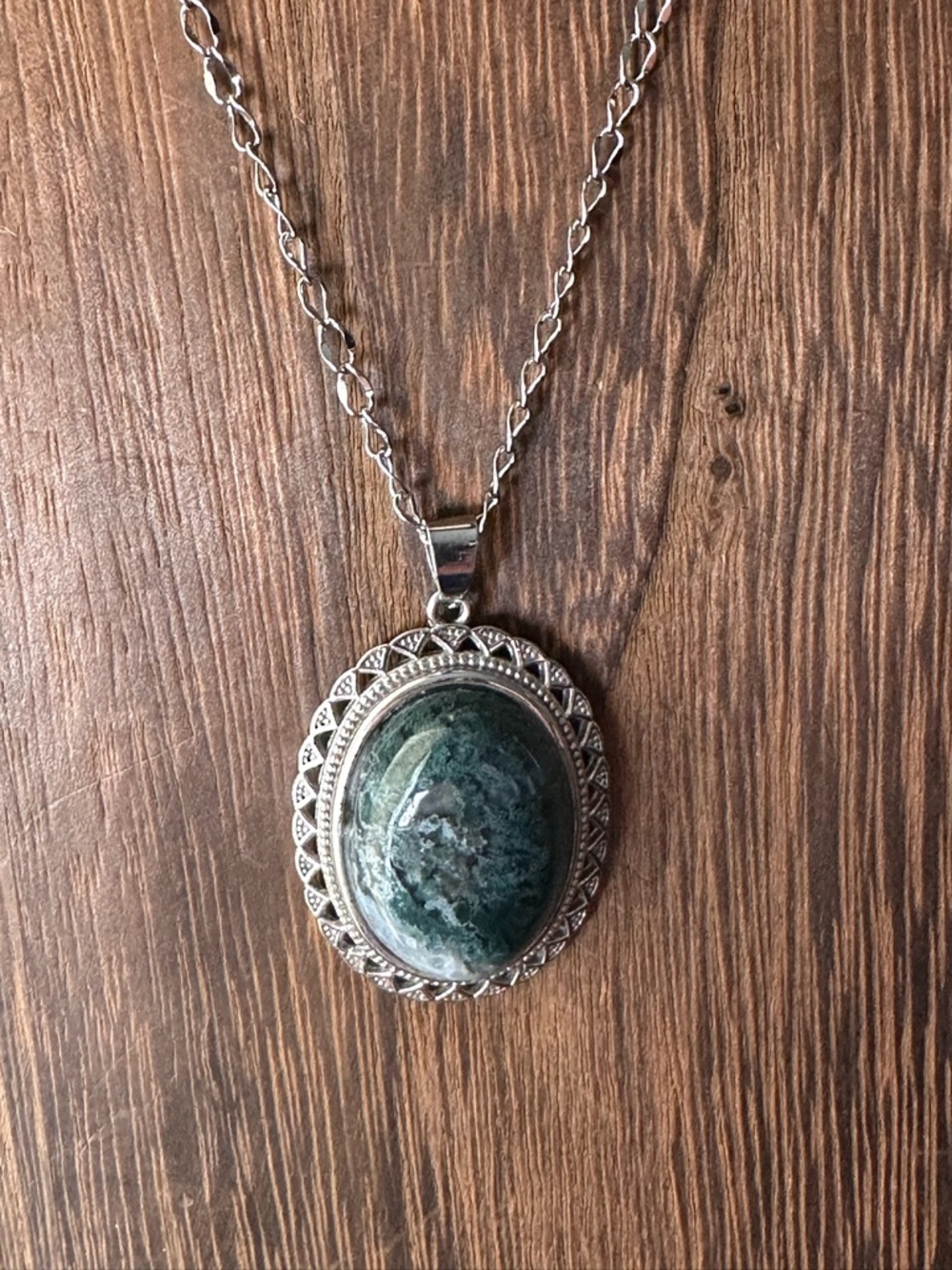 Silver-Tone Green Stone Oval Pendant Necklace - Women Jewelry - Picture 12 of 15
